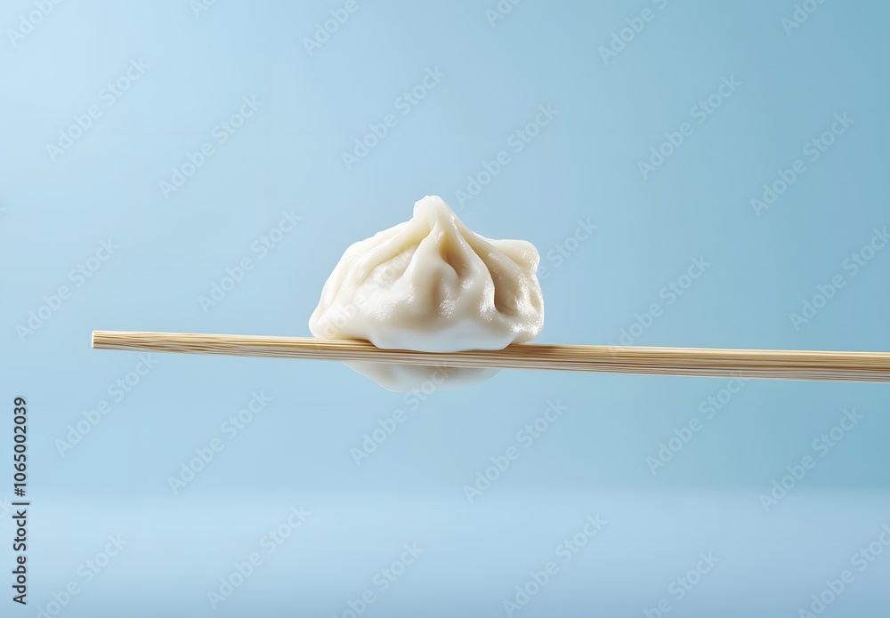 A Single Steamed Dumpling Held by Chopsticks Against a Light Blue Background A Single Steamed Dumpling Held by Chopsticks Against a Light Blue Background
