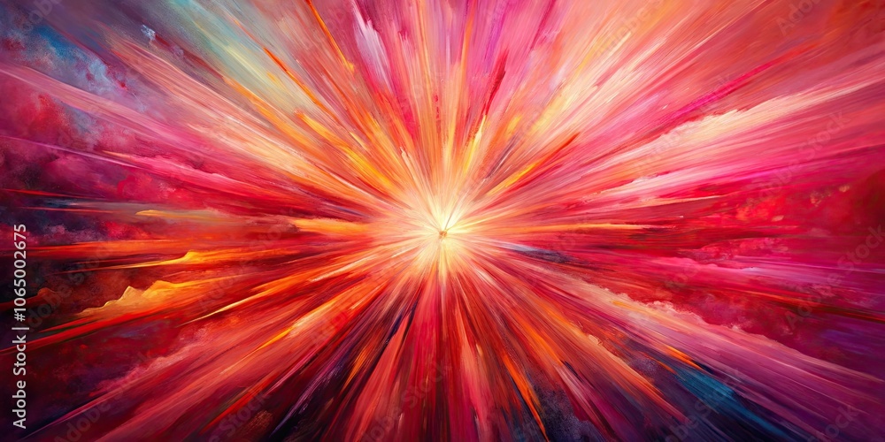Obraz premium Abstract painting with radiating bursts of red and pink hues from a central point, abstract, painting, artwork, radiating