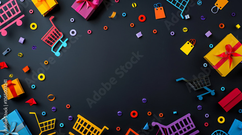 Shopping carts, gift boxes, and tags on black background with copy space photo