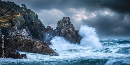 Dramatic rocky coastline with crashing waves photo