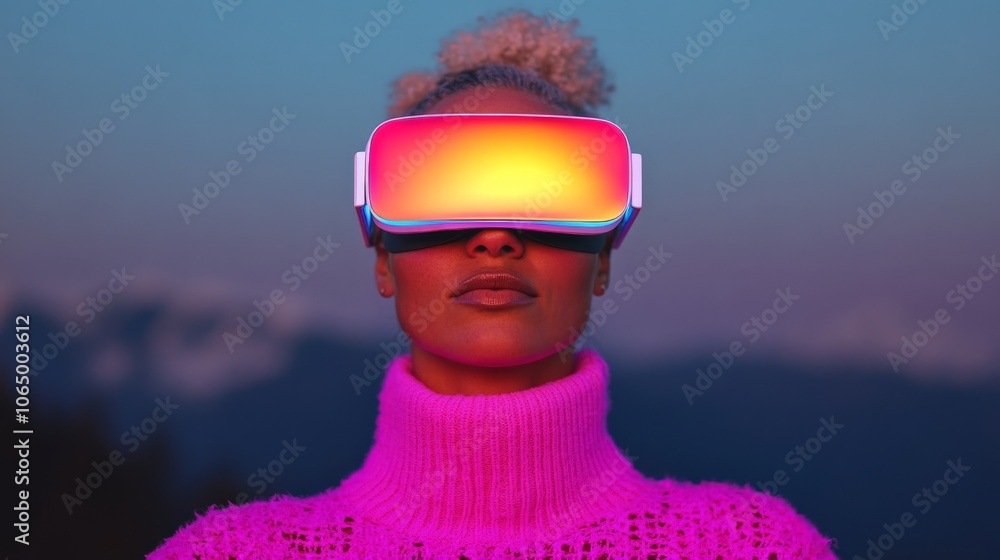 Woman Exploring Metaverse: A futuristic portrait of a woman wearing a VR headset, bathed in vibrant, warm light against a twilight backdrop. Woman Exploring Metaverse: A futuristic portrait of a woman wearing a VR headset, bathed in vibrant, warm light against a twilight backdrop.