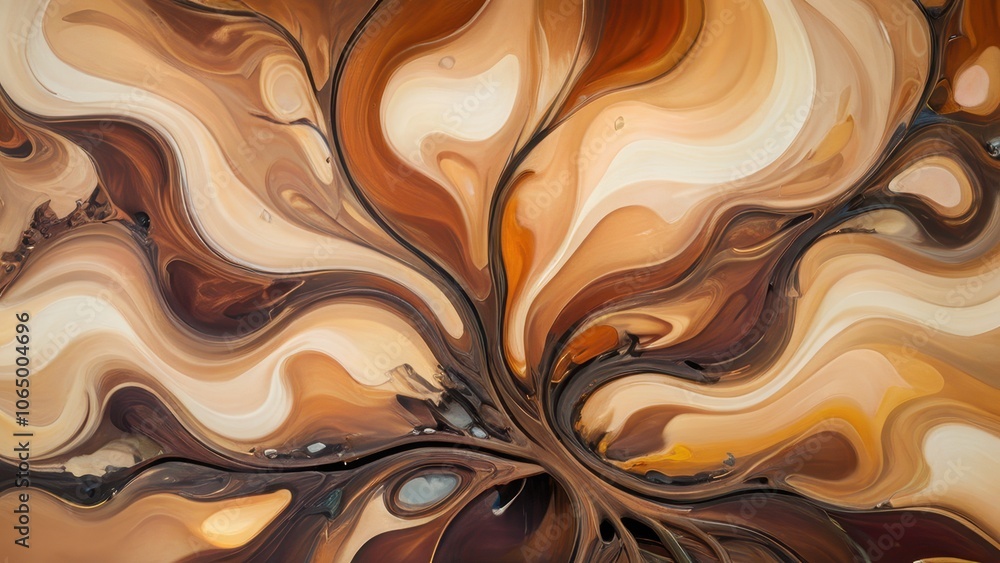 A stunning abstract painting featuring swirling brown and cream colors, reminiscent of organic shapes and flowing lines, perfect for modern decor A stunning abstract painting featuring swirling brown and cream colors, reminiscent of organic shapes and flowing lines, perfect for modern decor