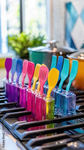 Colorful spatulas brighten the stovetop, with boiling pots bubbling in the background