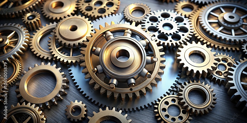 Metallic gears and cogs interlocking in a rendered , industrial, mechanical, machinery, technology, engineering, metal Metallic gears and cogs interlocking in a rendered , industrial, mechanical, machinery, technology, engineering, metal