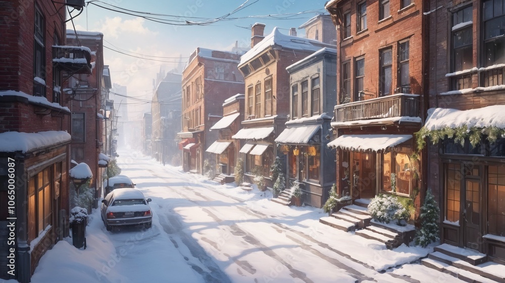 Fototapeta premium Snowy street scene with charming shops, winter atmosphere, cozy urban landscape, copy space