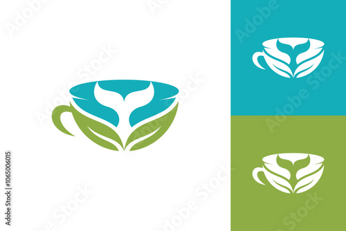 Coffee cup motif leaf, blue shark tail combination design logo.