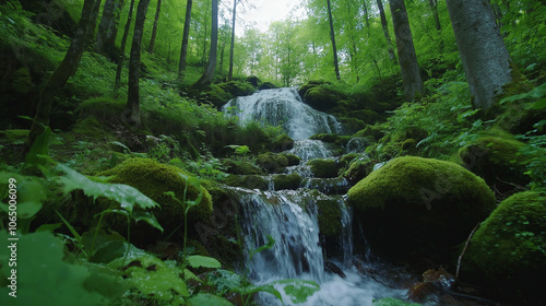 Forest Waterfall Surrounded by Mossy Rocks