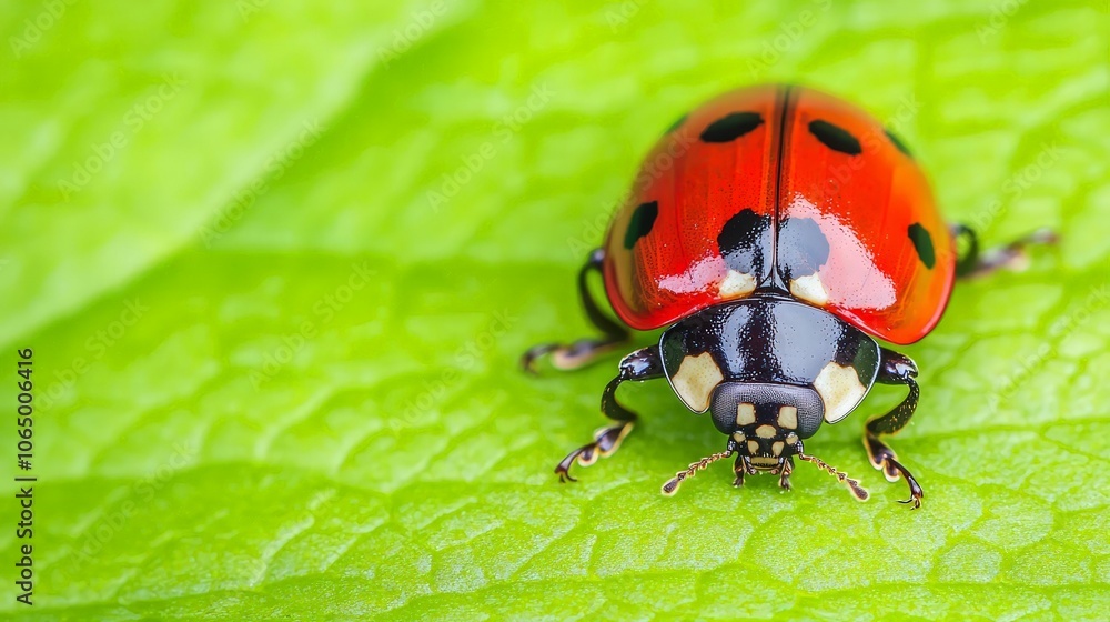 A vibrant red ladybug perched on a green leaf, showcasing intricate details and striking black spots. A vibrant red ladybug perched on a green leaf, showcasing intricate details and striking black spots.
