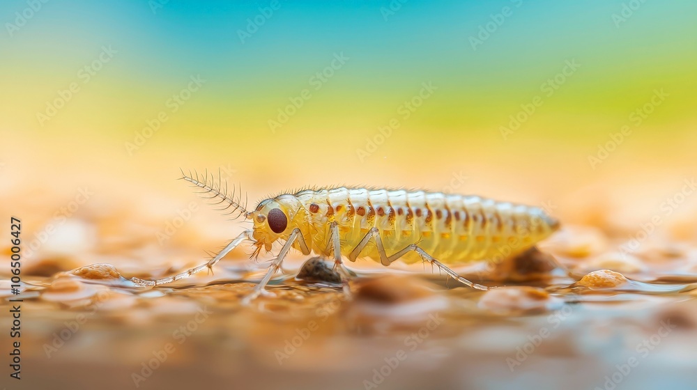 A close-up of a tiny, translucent insect crawls over a sandy surface, showcasing intricate details and a vibrant, blurred background. A close-up of a tiny, translucent insect crawls over a sandy surface, showcasing intricate details and a vibrant, blurred background.