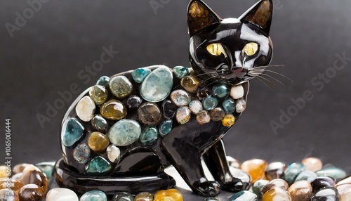 a cat made of black onyx and other semi-precious stones. make by glass and colorful stones used 