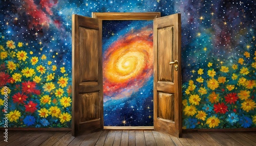 dabble  open wooden door through which vast spiral galaxy can be seen; the door is mounted in a wall wallpapered in yellow, blue, and red flowers