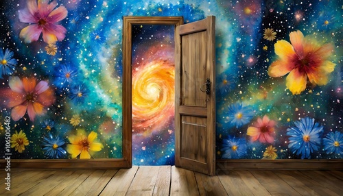 a single open wooden door through which vast spiral galaxy can be seen; the door is mounted in a wall wallpapered in yellow, blue, and red flower