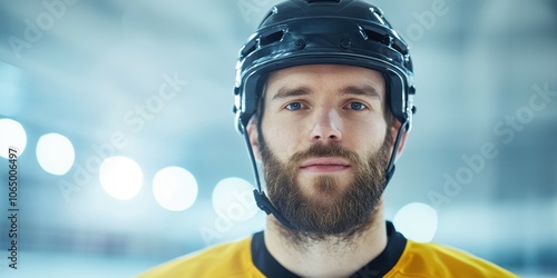 Portrait of a hockey player wearing a helmet, focused expression on ice rink. photo