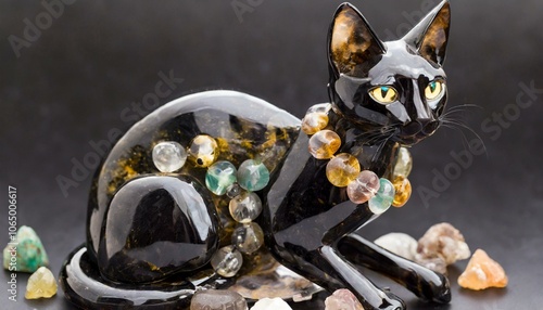 a cat made of black onyx and other semi-precious stones. make by glass