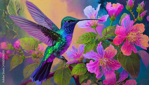 Pastel painting, hummingbird among flowers searching for food, pastel painting technique with Ubuntu color palette, soft blending, intricate details, vibrant, layered 