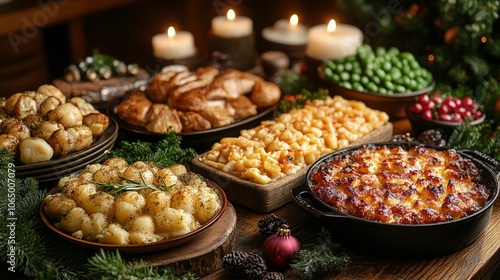 Christmas dinner table with a variety of traditional Portuguese dishes, including bacalhau and broa de milho, candle-lit, rustic decor, festive ambiance photo