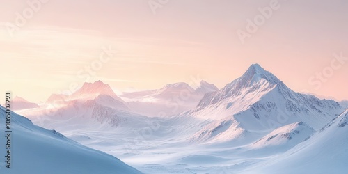 Serene snowy mountain landscape under a pastel-colored sky at dawn.