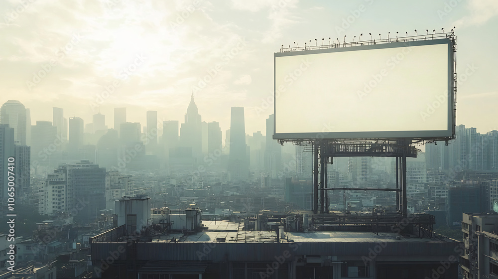 Large blank billboard mockup set against an urban skyline, perfect for showcasing advertising designs, branding, or promotional content in a modern city environment. Large blank billboard mockup set against an urban skyline, perfect for showcasing advertising designs, branding, or promotional content in a modern city environment.