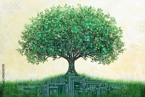 A tree with branches turning into circuit board patterns symbolizing the fusion of nature and technology. photo