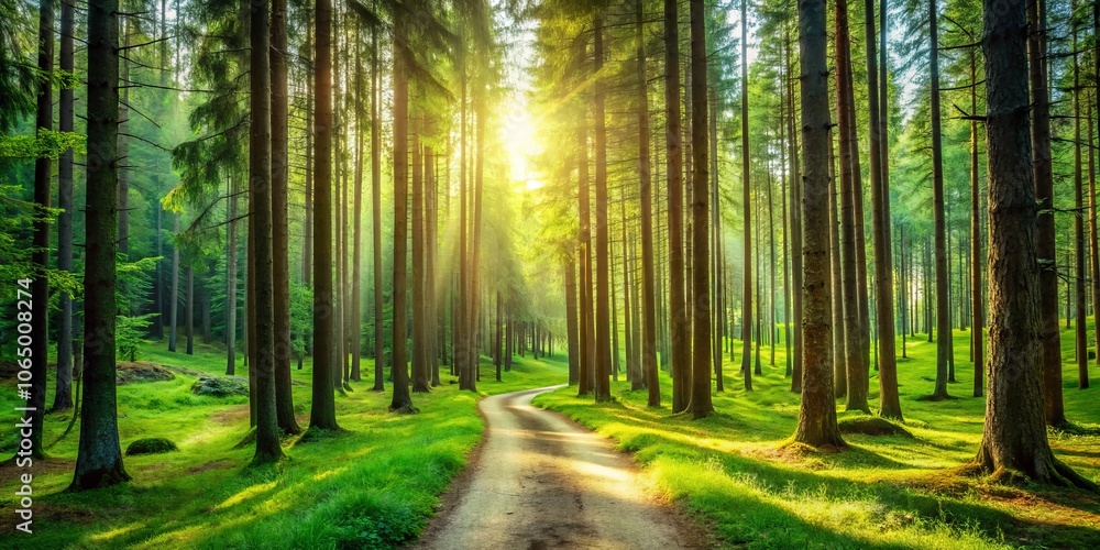 Obraz premium Serpentine Trails Through a Pristine Green Forest Blanketed with Soft Pine Needles Inviting Exploration of the Towering Evergreen Trees in the Heart of Wilderness