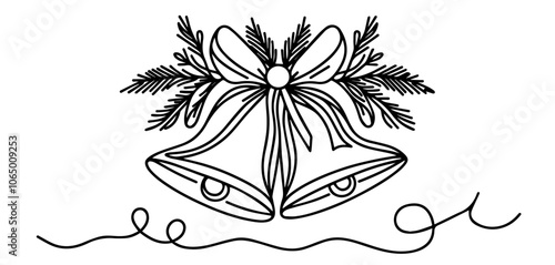 elegant Christmas bells with bow and pine branches, capturing festive charm in minimalist line art black vector