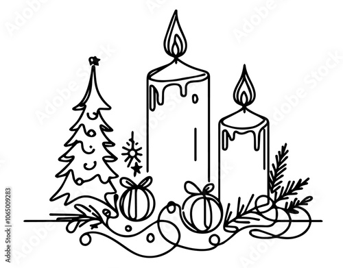 simple and elegant Christmas candles with festive greenery, capturing holiday charm in line art black vector