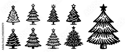 charming Christmas tree collection with ornaments and stars, capturing festive spirit in sketch style black vector