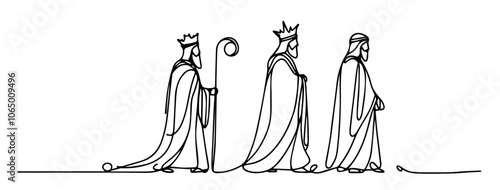 elegant three wise men illustration in monoline style, capturing Christmas story in minimalist line art black vector