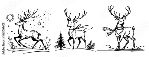 classic holiday reindeer with decorated antlers, capturing the magic of Christmas in a sketch style black vector
