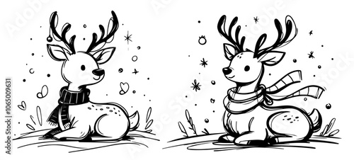 cozy winter reindeer illustrations with ornaments, embodying holiday charm in line art black vector