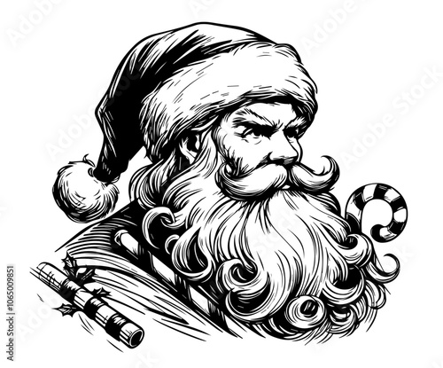 detailed portrait of Santa Claus with a jolly expression, perfect for traditional holiday designs black vector