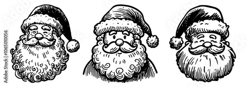 cartoon santa claus face illustrations in sketch style – black vector
