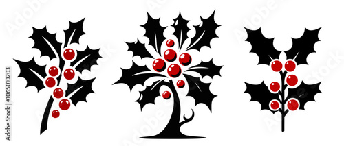 traditional holiday holly leaves and red berries – black vector