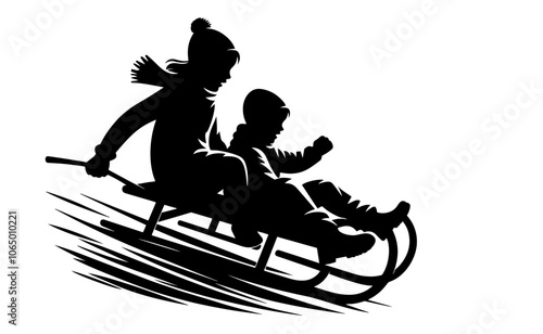 Children sledding down a hill silhouette – winter fun black vector
