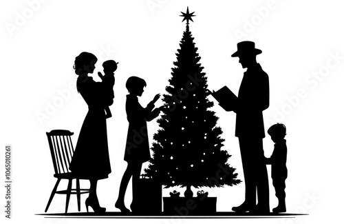 Silhouette of a family celebrating Christmas around the tree – black vector