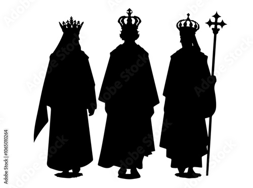 Three kings silhouettes with crowns and scepter – Christmas black vector collection