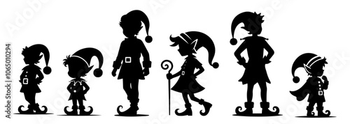 festive Christmas elf silhouettes in various poses, capturing holiday spirit and charm in black vector black vector