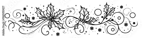 whimsical Christmas border designs with holly and swirls, ideal for festive cards and decor black vector