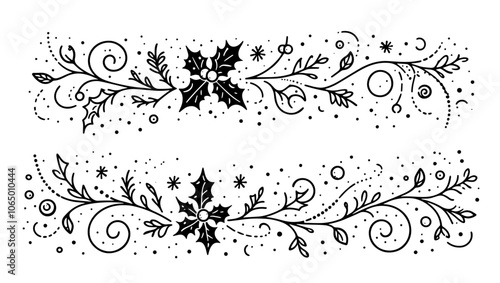 decorative Christmas borders with holly leaves and festive flourishes, perfect for holiday designs black vector