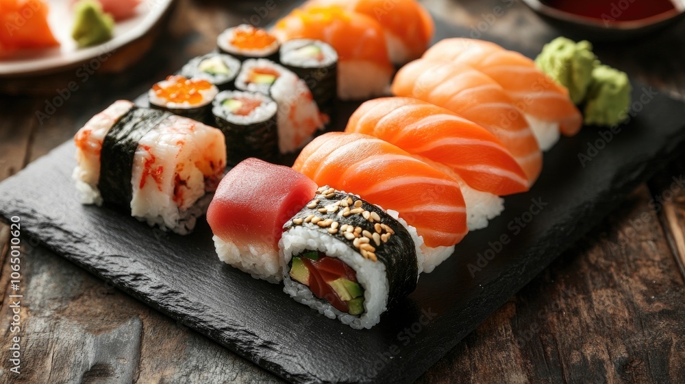 Elegant Sushi Presentation on Black Slate Elegant Sushi Presentation on Black Slate