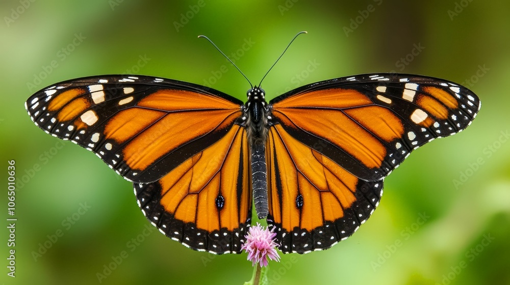 Fototapeta premium A vibrant monarch butterfly perched on a flower, showcasing its striking orange and black wings against a blurred green background.
