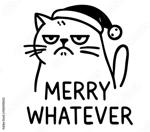 minimalist grumpy cat in Santa hat, featuring a humorous twist on holiday cheer with "Merry Whatever" black vector