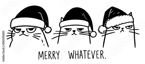 grumpy Christmas cat illustration with "Merry Whatever" text, capturing holiday sarcasm in a fun line art black vector