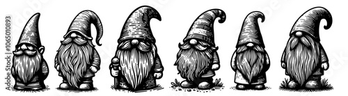 whimsical gnome characters in hand-drawn style, adding charm to Christmas and winter decor black vector