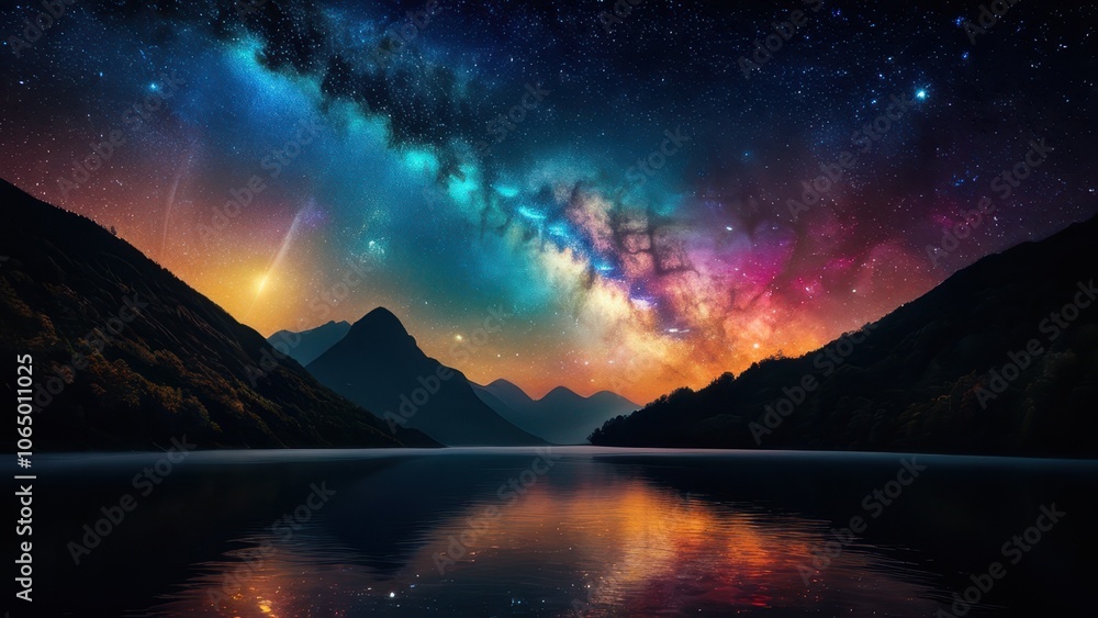 Fototapeta premium An ethereal scene showcasing colorful nebulae and a starry sky mirrored in calm waters, framed by dramatic mountain silhouettes