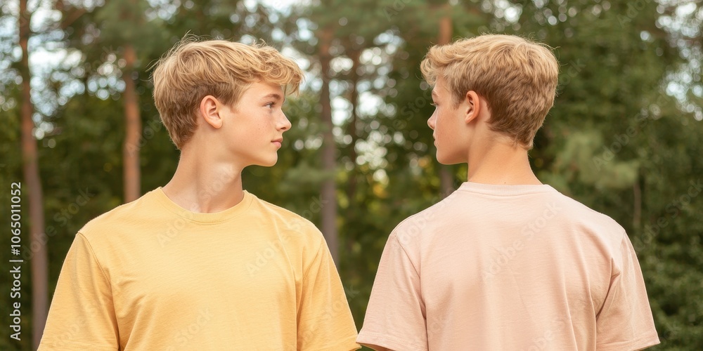 Obraz premium Two young men standing back to back with nature backdrop, stylish casual attire.