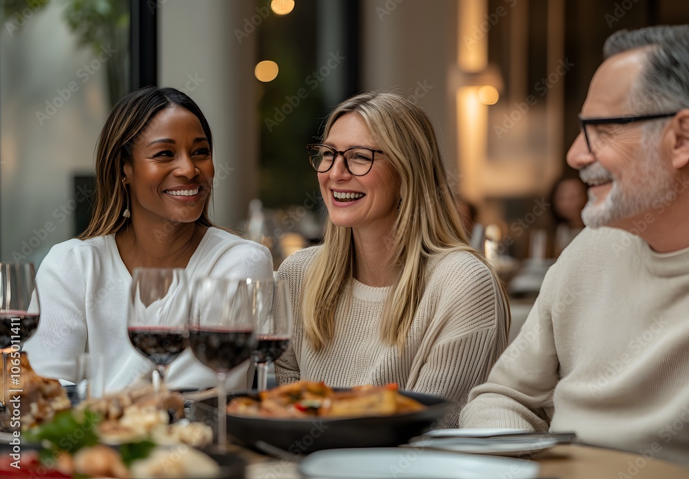 Three Friends Enjoying a Meal and Conversation at a Restaurant Three Friends Enjoying a Meal and Conversation at a Restaurant