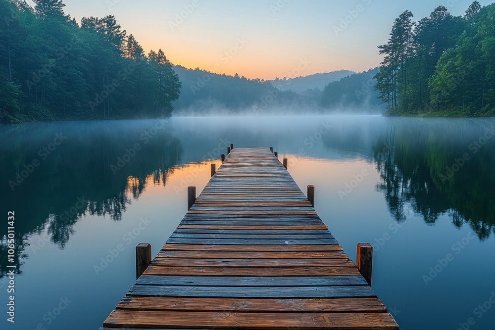 Wooden Dock Extending Into Foggy Lake at Sunrise Wooden Dock Extending Into Foggy Lake at Sunrise