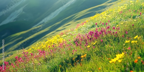 Vibrant wildflowers blooming on a lush green meadow under soft sunlight. photo