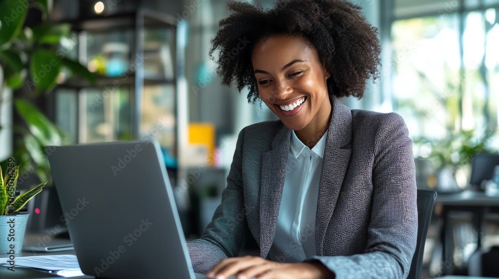 Smiling woman working on laptop in modern office with plants in background. Smiling woman working on laptop in modern office with plants in background.